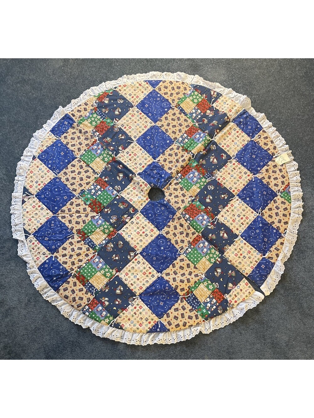 Handmade Quilted Christmas Tree Skirt w/ White Laced Edge,  60" Diameter